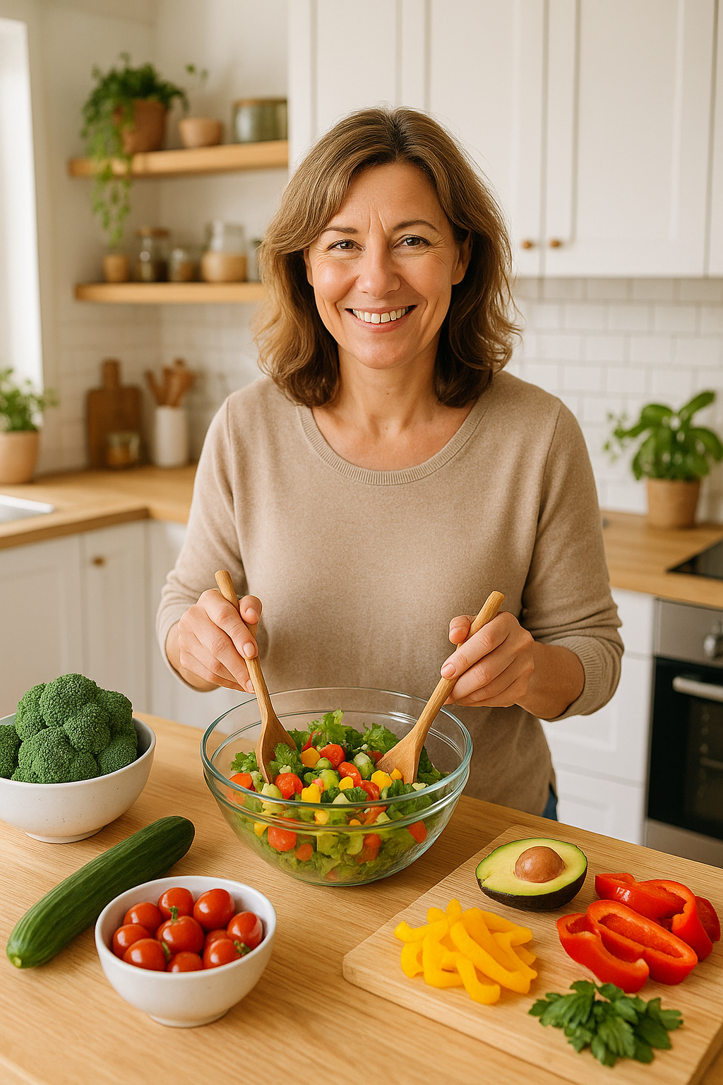 Femme de 40 ans préparant un repas sain dans une cuisine lumineuse, symbole d’équilibre et bien-être.
