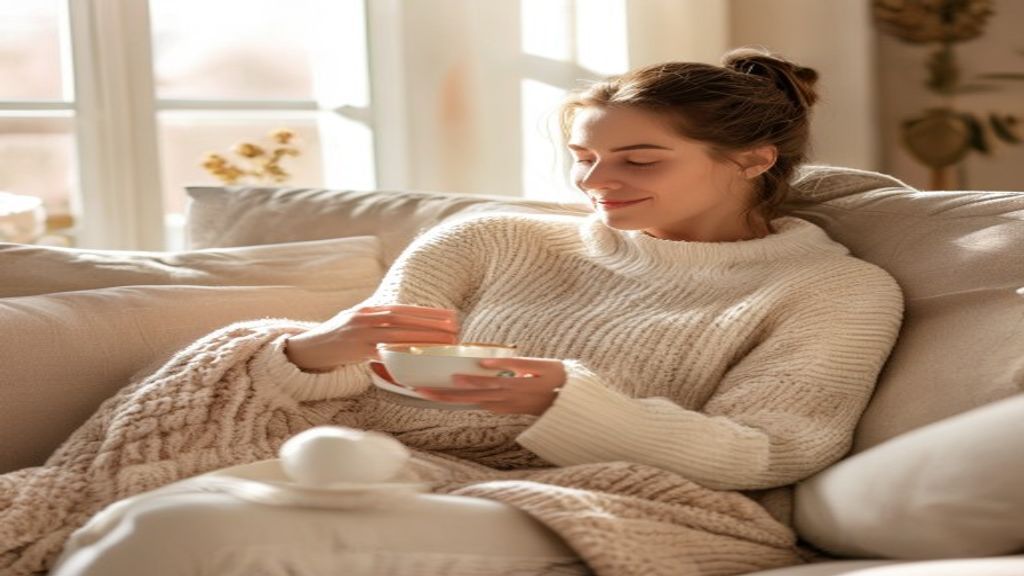 Femme en pull cosy se reposant avec une tisane pour soulager son syndrome prémenstruel
