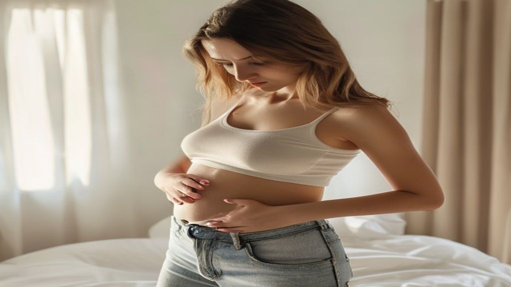 Jeune femme mince observant son ventre gonflé, inconfort digestif